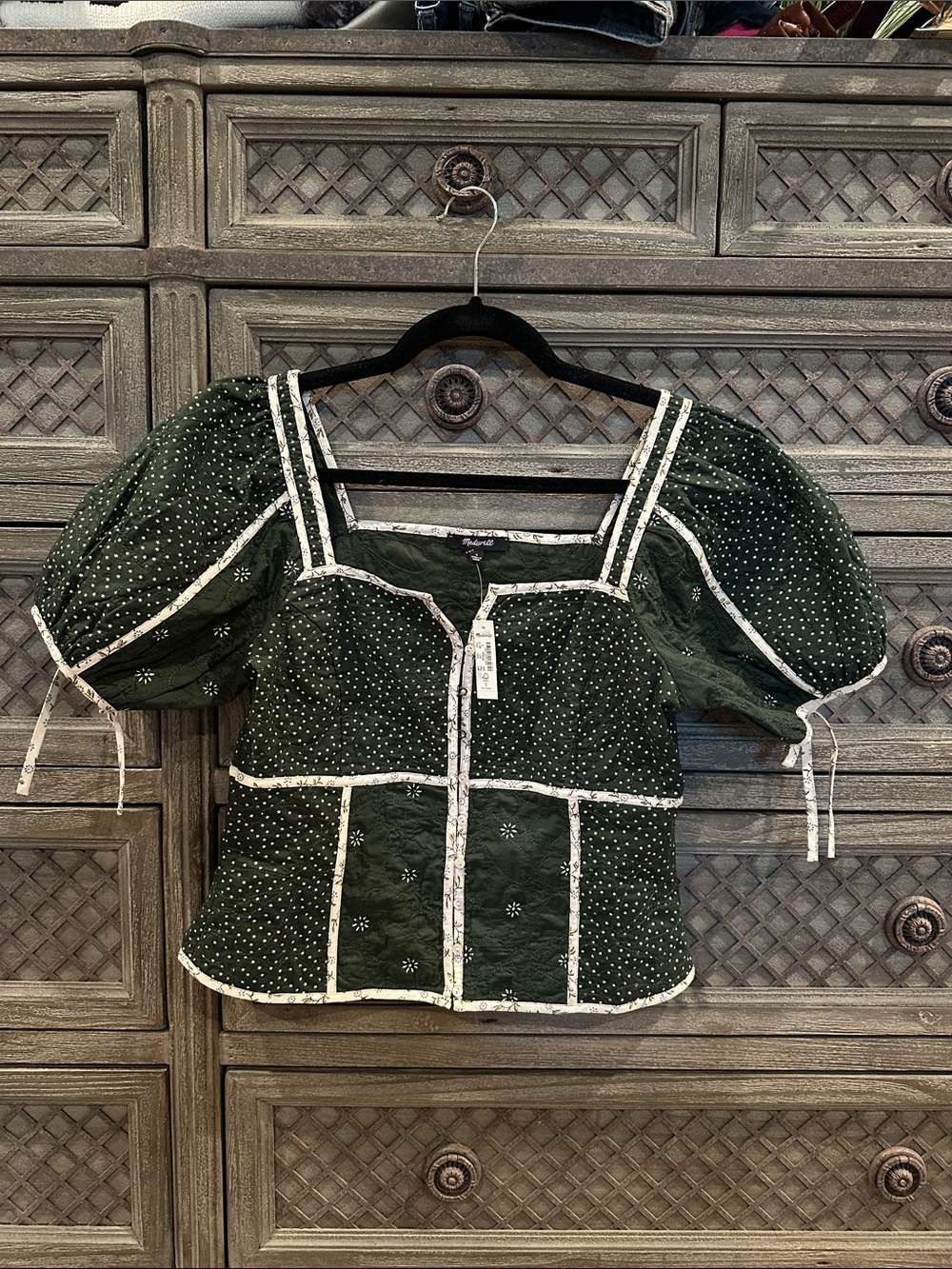 NWT Madewell Dark Green Puff Sleeve Square Neck Blouse with White Trim